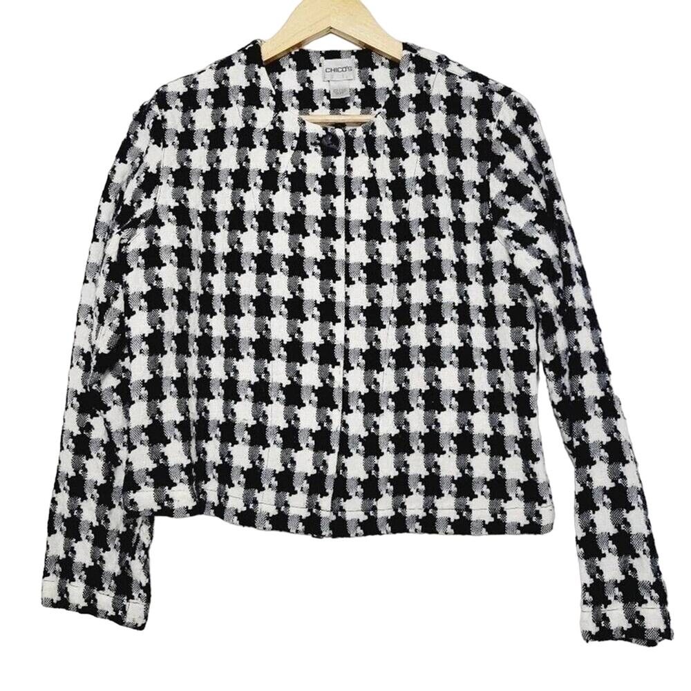 Chico's Womens Black White Houndstooth Vintage Aesthetic Jacket Size Small - Picture 1 of 13